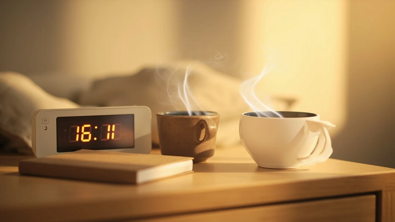 Digitaluhr mit der Anzeige 06:06 vor einem ruhigen, morgendlichen Hintergrund